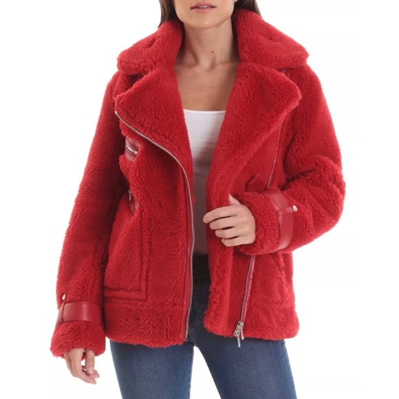 Avec Les Filles Oversized Red Teddy Faux Fur Jacket